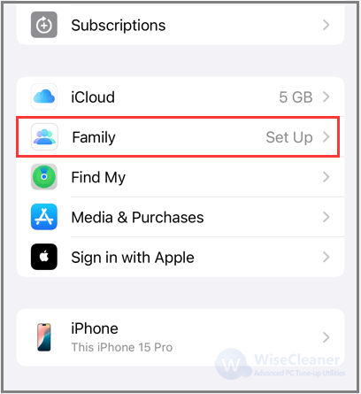 Tap on your Apple ID at the top, and then select the Family tab.