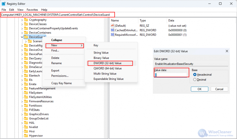 Disable VBS via Registry Editor