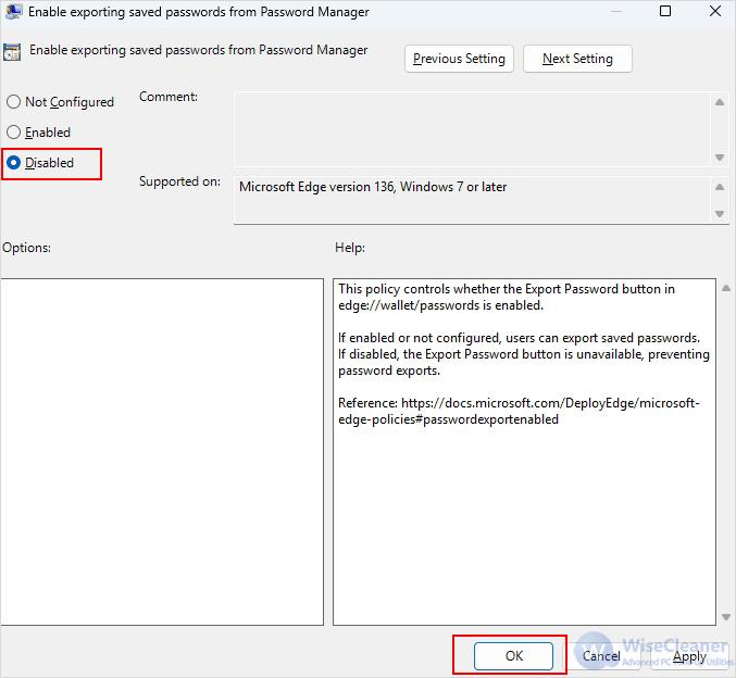 select the Disabled option 