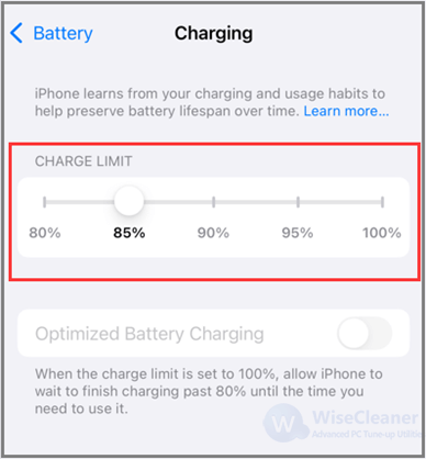 Choose your desired maximum charge level from Charging Limit area. 