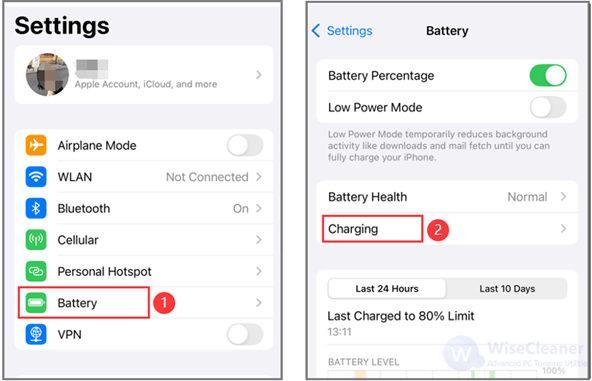 In the Battery section, tap on Charging.