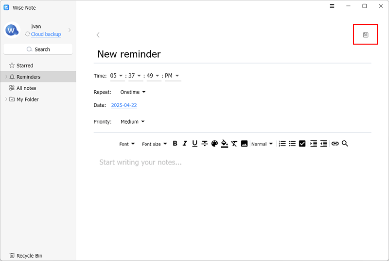 Wise Note - create reminder