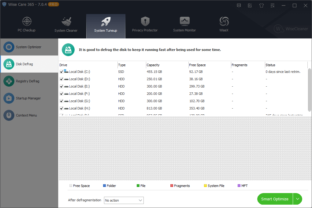 Wise Care 365 defragment disk