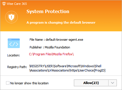 wise care 365 protects the default browser