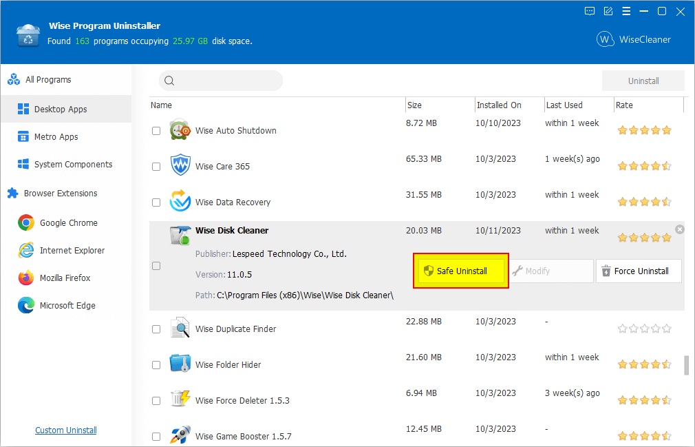 uninstall Wise Disk Cleaner with wise program uninstaller