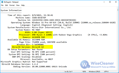 DirectX Diagnostic Tool report