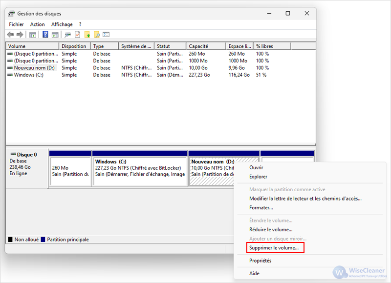 Gestion des disques - Supprimer le volume