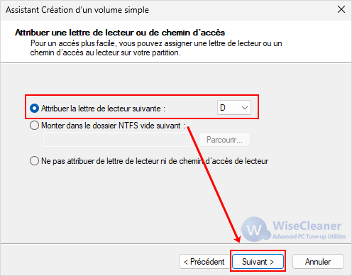 Assistant Création d’un volume simple - Attribuer la lettre de lecteur suivante