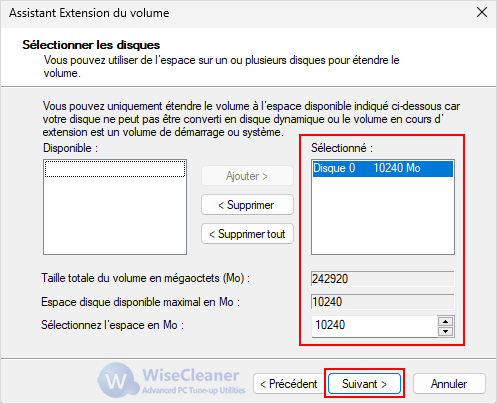 Assistant Extension du volume - Étendre le volume