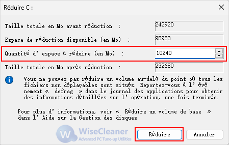 Quantité d'espace à réduire