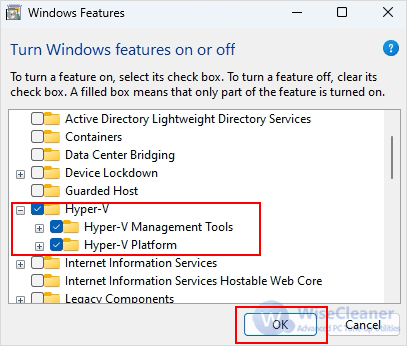 check the boxes for Hyper-V