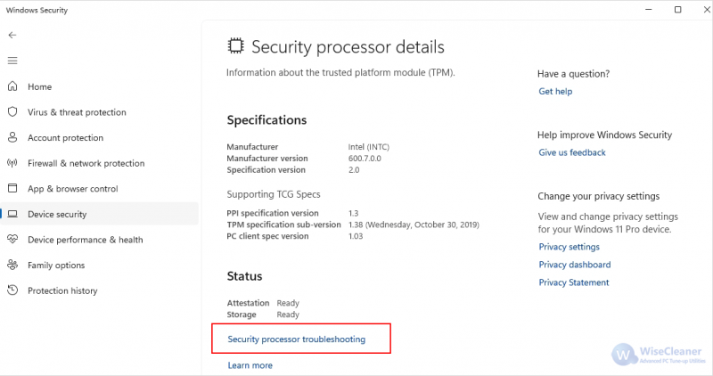 Click on Security processor troubleshooting