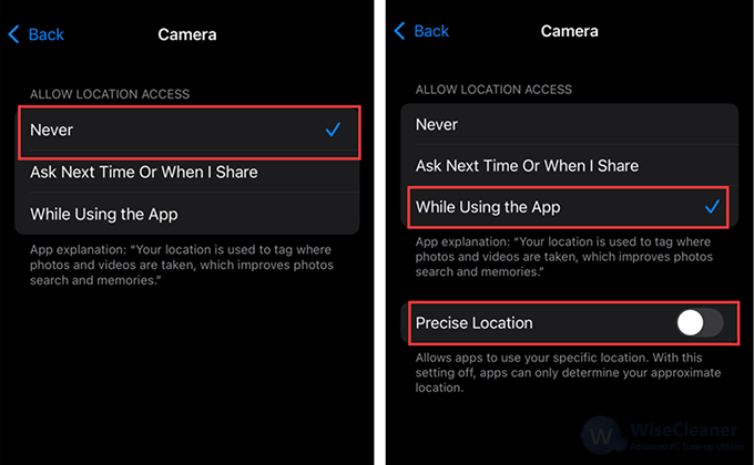 You can turn off Precise Location instead of selecting Never