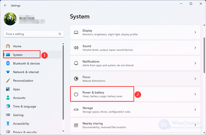 Click System on the left, then Power & battery on the right pane. 