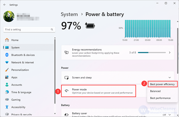 Select Best power efficiency or Balanced to enable Power throttling via Settings. 