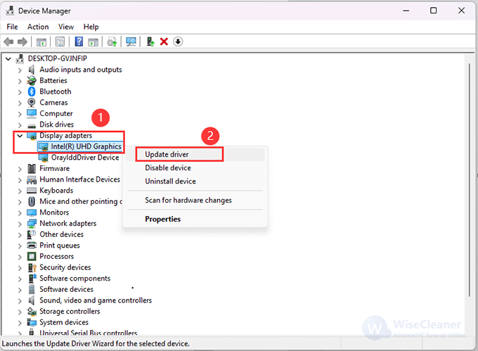 Expand the Display adapters section, right-click your graphics card, and choose Update driver.