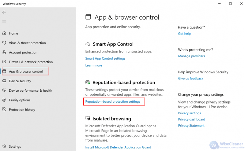 click Reputation-based protection settings